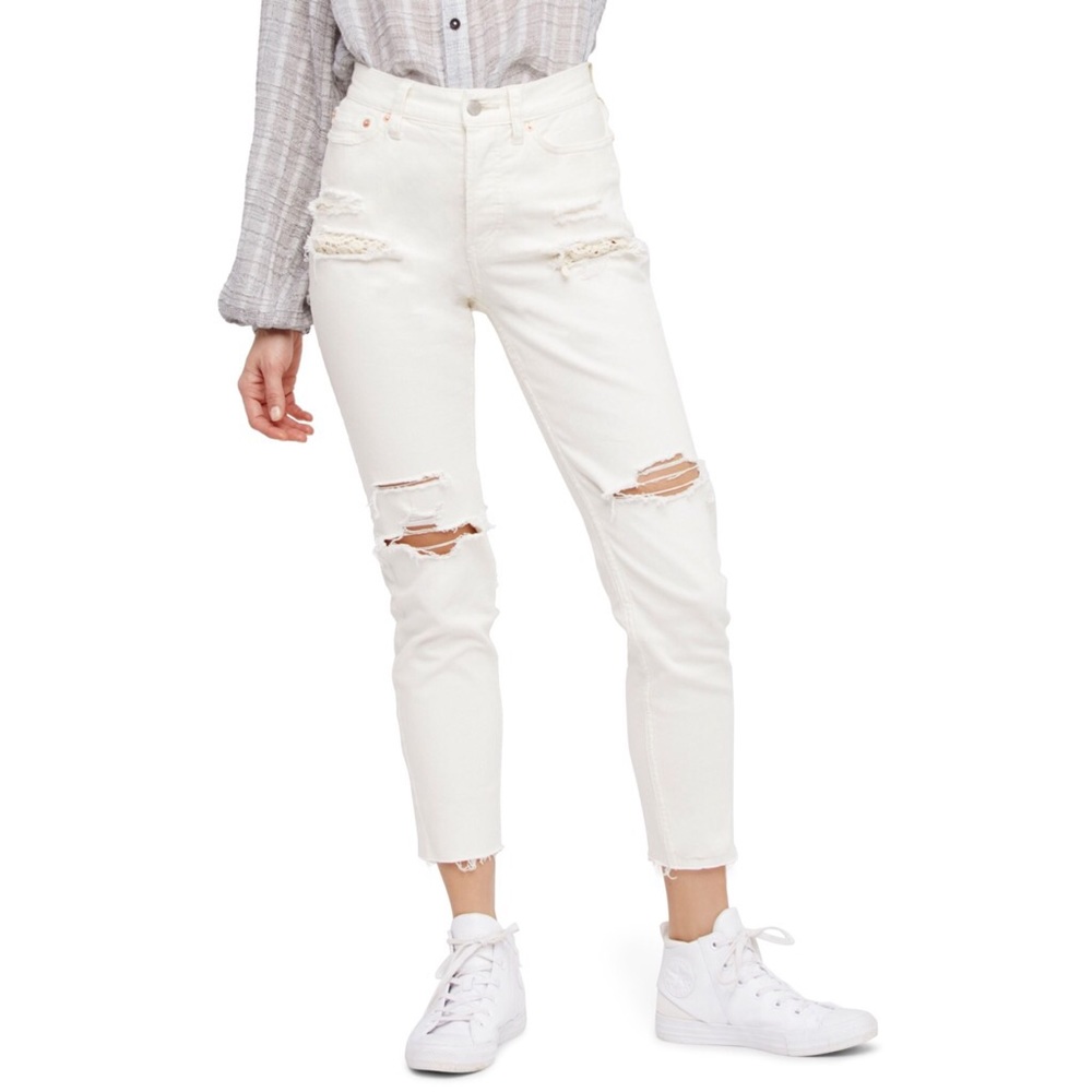 Free People White Distressed Lace Jeans